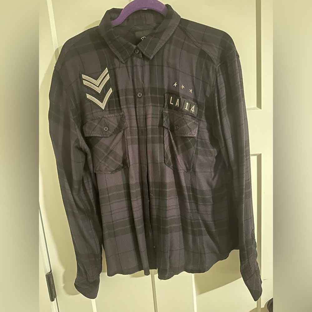 Plaid Button-Up Shirt with Patches